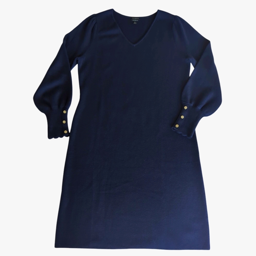 NWOT Talbots Soft Merino Wool V-Neck Knit Sweater Dress MEDIUM Blue